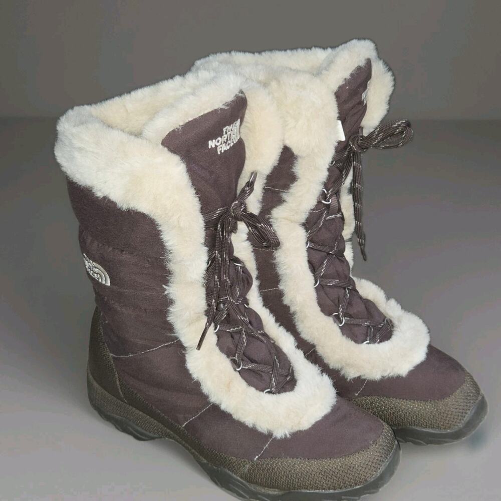 The North Face Women's US 9 Brown Faux-Fur Trim Insulated Snow Boots Goose Down